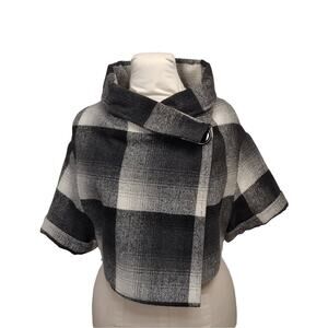 PIKO 1988 Gray Plaid Cape Style Jacket Size S Loose Fit Cropped Stand Up Collar